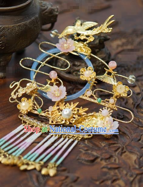 China Ancient Palace Golden Hair Crown Traditional Xiuhe Suit Hair Jewelry Accessories Court Tassel Hairpin