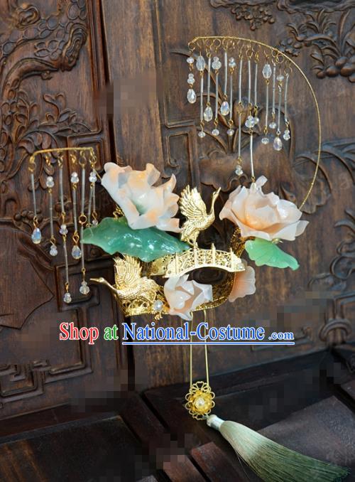 Chinese Ancient Bride Golden Crane Lotus Round Fan Traditional Jewelry Accessories Handmade Court Wedding Palace Fan