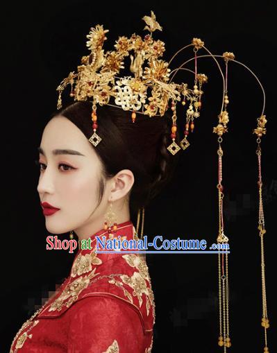 China Ancient Bride Xiuhe Suit Headpieces Traditional Wedding Hair Accessories Golden Phoenix Coronet Full Set