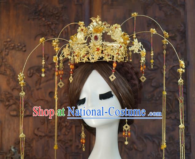 China Ancient Bride Xiuhe Suit Headpieces Traditional Wedding Hair Accessories Golden Phoenix Coronet Full Set