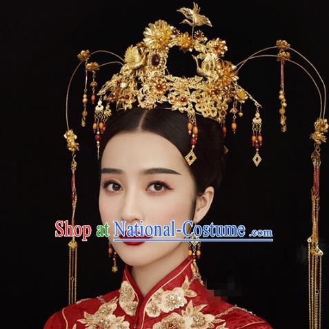 China Ancient Bride Xiuhe Suit Headpieces Traditional Wedding Hair Accessories Golden Phoenix Coronet Full Set