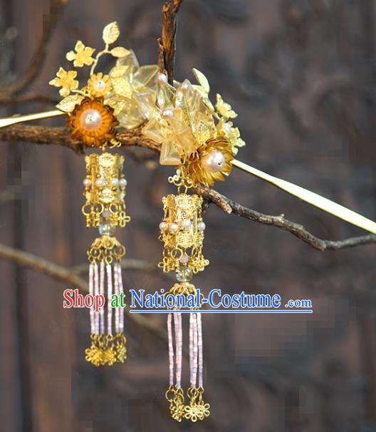 China Ancient Bride Palace Lantern Hairpins Traditional Xiuhe Suit Hair Accessories Wedding Tassel Hair Sticks