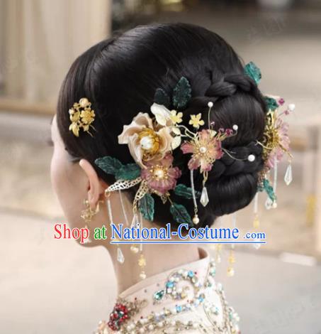 China Ancient Bride Flowers Hair Comb Wedding Hair Accessories Traditional Xiuhe Suit Tassel Hairpins Hair Sticks Full Set