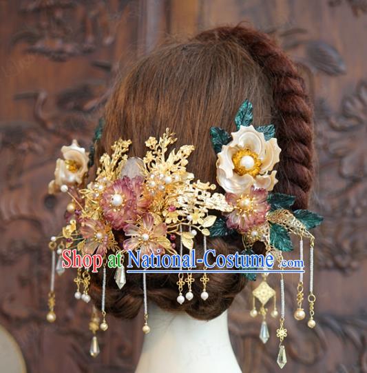 China Ancient Bride Wedding Hair Accessories Traditional Xiuhe Suit Tassel Hairpins Hair Sticks Flowers Hair Comb Full Set