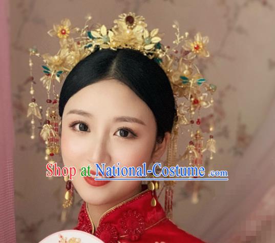 China Traditional Xiuhe Suit Headdress Wedding Bride Hair Accessories Ancient Queen Hair Crown and Tassel Hairpins