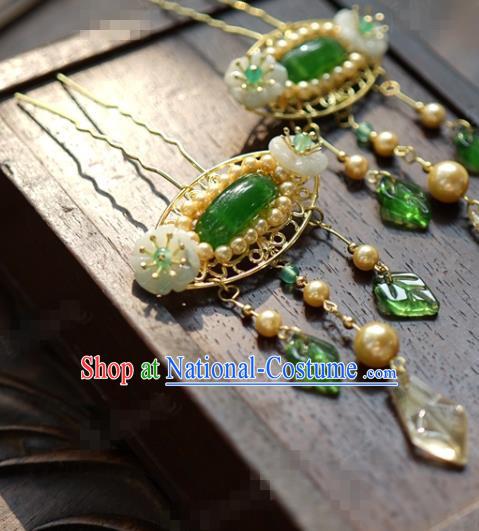 China Traditional Xiuhe Suit Hair Jewelry Accessories Wedding Jade Hair Sticks Ancient Palace Pearls Hairpins