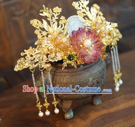 China Ancient Bride Shell Hair Crown Traditional Xiuhe Suit Hair Accessories Wedding Golden Hair Comb