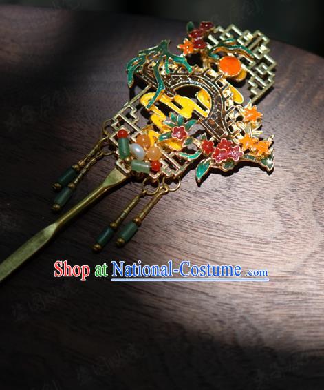 China Wedding Cloisonne Hairpins Traditional Xiuhe Suit Hair Accessories Ancient Bride Jade Tassel Hair Clip