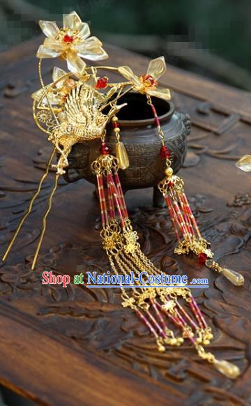 China Ancient Palace Tassel Hair Stick Traditional Xiuhe Suit Hair Jewelry Accessories Court Golden Crane Hairpins