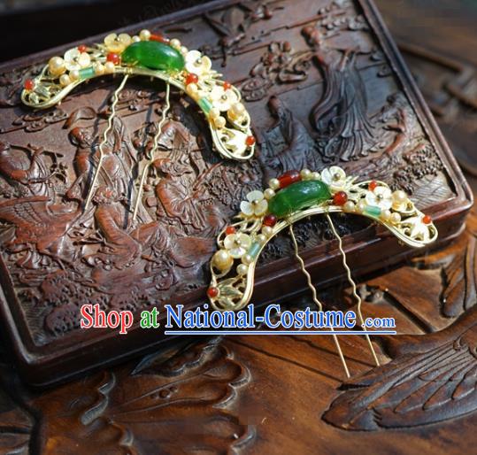 China Ancient Palace Jade Pearls Hair Sticks Traditional Xiuhe Suit Hair Jewelry Accessories Qing Dynasty Court Gems Hairpins