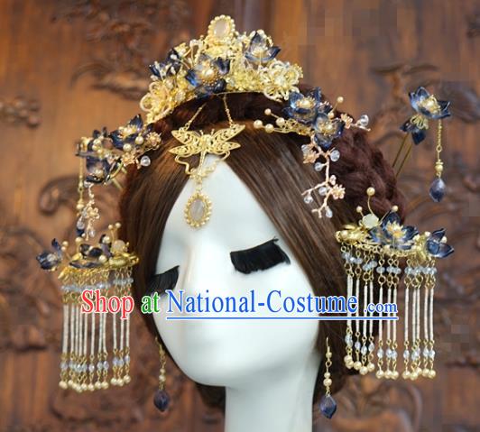 China Ancient Queen Hair Crown and Tassel Hairpins Traditional Xiuhe Suit Headdress Wedding Bride Hair Accessories