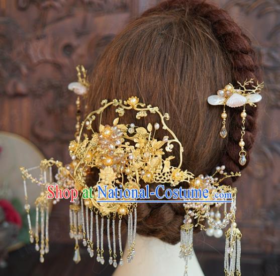 China Ancient Bride Wedding Golden Hair Accessories Traditional Xiuhe Suit Hairpins Hair Sticks Complete Set