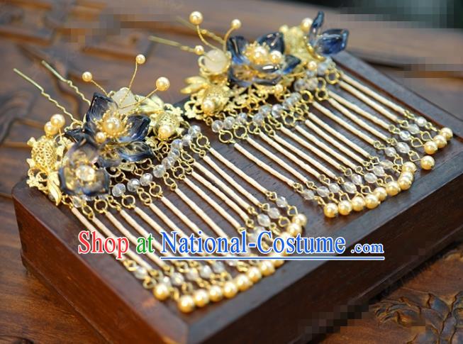 China Ancient Palace Tassel Hair Sticks Traditional Xiuhe Suit Hair Jewelry Accessories Qing Dynasty Goldfish Lotus Hairpins