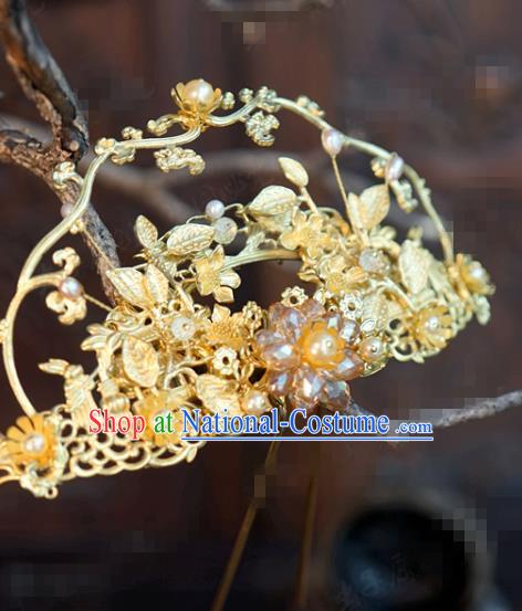 China Wedding Golden Vine Hairpin Traditional Xiuhe Suit Hair Accessories Ancient Bride Hair Comb