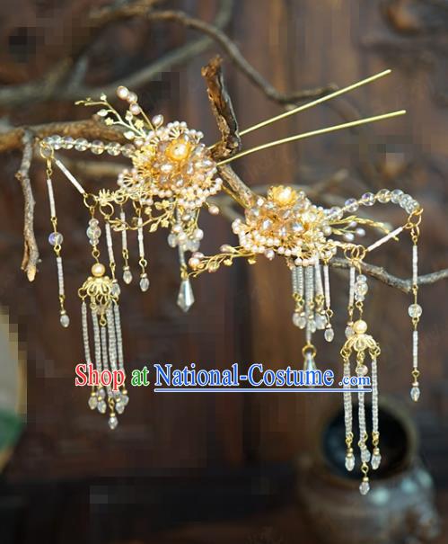 China Wedding Beads Hairpins Traditional Xiuhe Suit Hair Accessories Ancient Bride Tassel Hair Clips