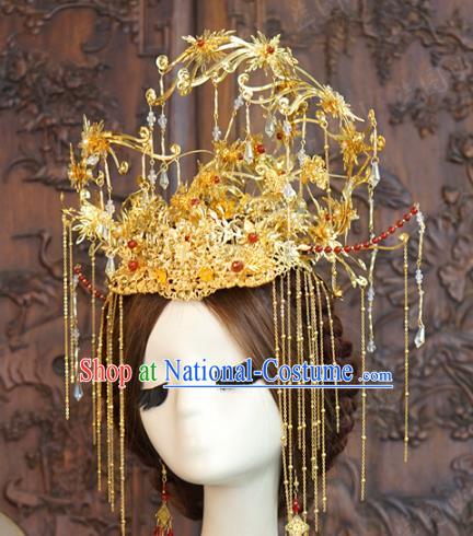 China Ancient Bride Tassel Hair Crown Wedding Hair Accessories Traditional Xiuhe Suit Golden Phoenix Coronet