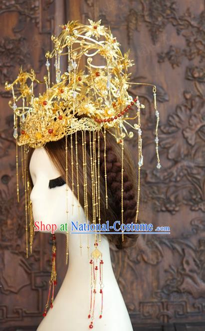 China Ancient Bride Tassel Hair Crown Wedding Hair Accessories Traditional Xiuhe Suit Golden Phoenix Coronet