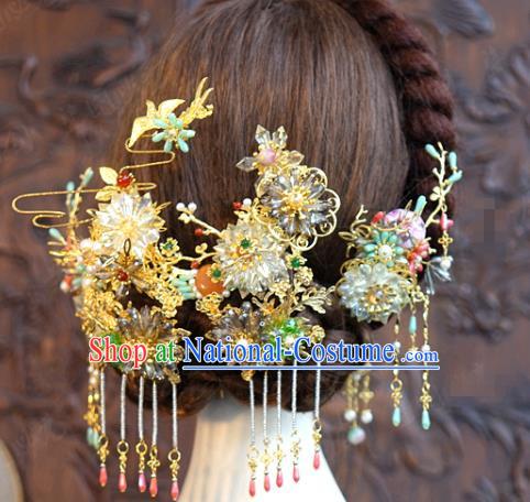 China Ancient Bride Hair Accessories Traditional Wedding Xiuhe Suit Tassel Hairpins Complete Set