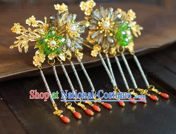 China Traditional Xiuhe Suit Hair Accessories Ancient Bride Green Bead Plum Hairpins Wedding Jewelry Adornment