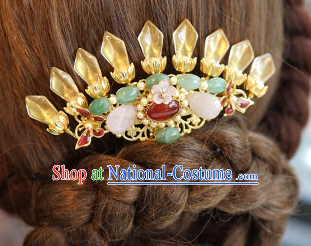 China Ancient Bride Agate Hairpin Traditional Xiuhe Suit Hair Accessories Wedding Jewelry Adornment Gems Hair Comb