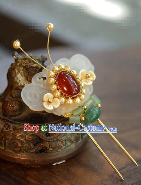 China Ancient Bride Pearls Agate Hairpin Traditional Xiuhe Suit Hair Accessories Wedding Jewelry Adornment Jade Butterfly Hair Stick