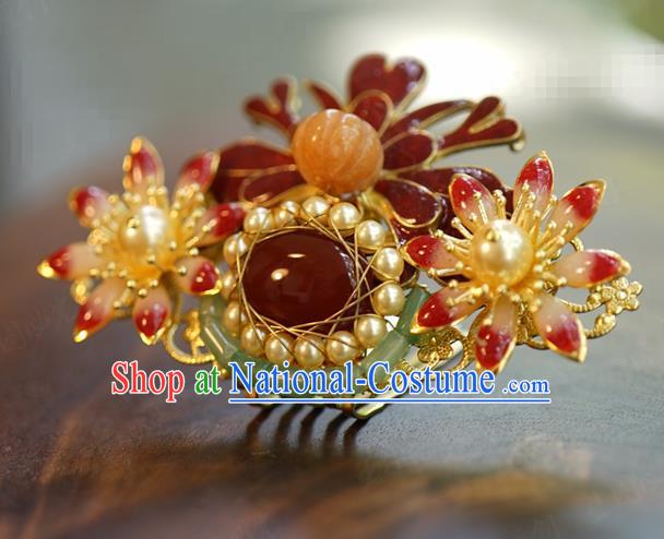 China Wedding Pearls Hairpin Jewelry Adornment Traditional Xiuhe Suit Hair Accessories Ancient Empress Agate Hair Crown