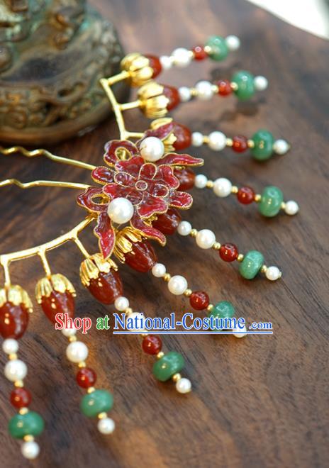 China Wedding Jade Hair Stick Jewelry Adornment Traditional Xiuhe Suit Hair Accessories Ancient Empress Cloisonne Red Peony Hairpin