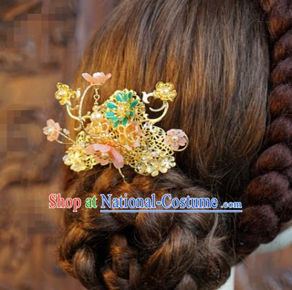 China Ancient Bride Golden Hair Comb Traditional Xiuhe Suit Hair Accessories Wedding Hairpin