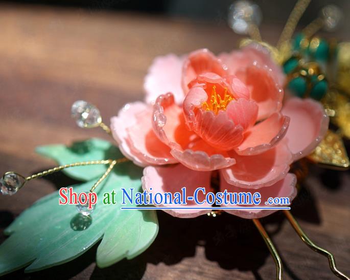 China Ancient Wedding Hair Stick Traditional Xiuhe Suit Hair Jewelry Accessories Hanfu Pink Peony Hairpin