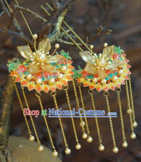 China Hanfu Pearls Tassel Hair Sticks Ancient Traditional Xiuhe Suit Hair Jewelry Accessories Wedding Cloisonne Hairpins