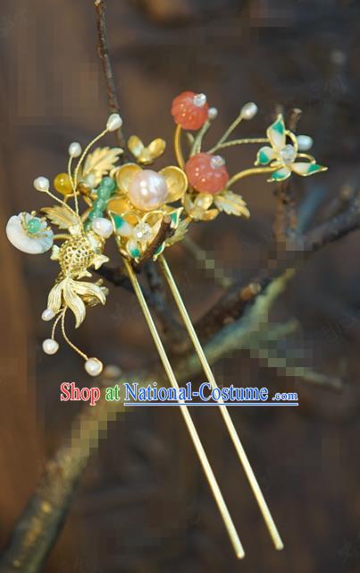 China Hanfu Jade Pumpkin Hair Stick Ancient Traditional Xiuhe Suit Hair Jewelry Accessories Goldfish Hairpin