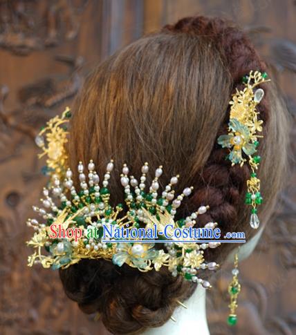 China Ancient Empress Hair Accessories Traditional Wedding Xiuhe Suit Tassel Hairpins Jade Hair Crown Complete Set