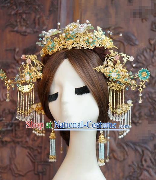 China Wedding Xiuhe Suit Headdress Traditional Hair Accessories Ancient Bride Golden Hair Crown and Tassel Hairpins