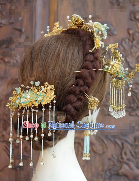 China Wedding Xiuhe Suit Headdress Traditional Hair Accessories Ancient Bride Golden Hair Crown and Tassel Hairpins