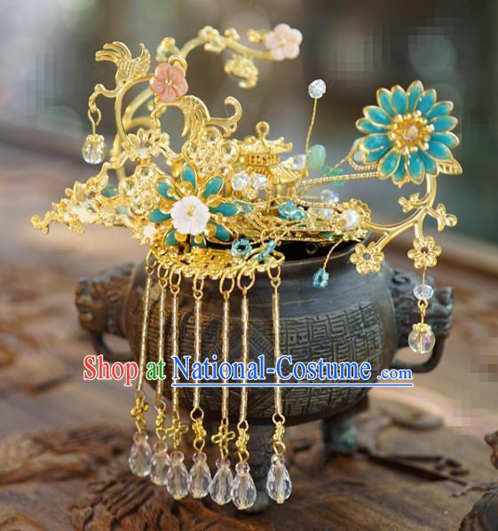 China Wedding Xiuhe Suit Headdress Traditional Hair Accessories Ancient Bride Golden Hair Crown and Tassel Hairpins