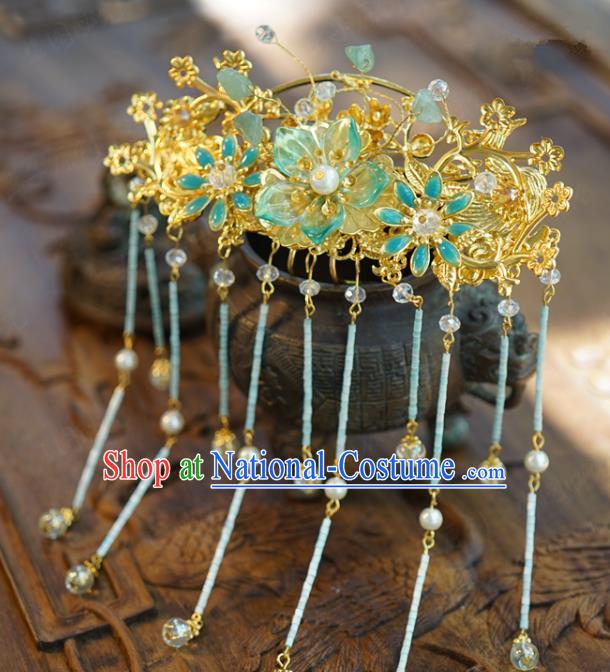 China Wedding Xiuhe Suit Headdress Traditional Hair Accessories Ancient Bride Golden Hair Crown and Tassel Hairpins