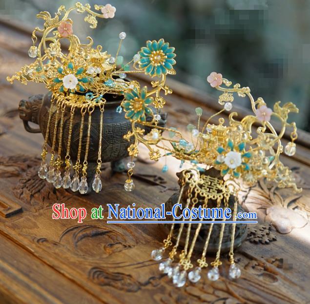 China Ancient Golden Palace Hairpin Traditional Xiuhe Suit Hair Jewelry Accessories Tassel Step Shake