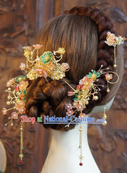 China Traditional Wedding Hair Accessories Ancient Bride Golden Hair Comb and Tassel Hairpins Xiuhe Suit Headdress