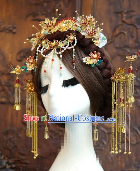 China Ancient Bride Hair Crown and Golden Tassel Hairpins Traditional Xiuhe Suit Headdress Wedding Hair Accessories