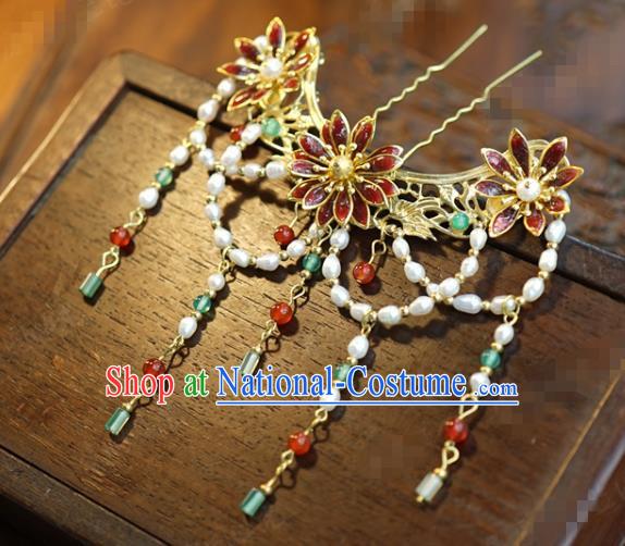 China Ancient Bride Hair Crown and Golden Tassel Hairpins Traditional Xiuhe Suit Headdress Wedding Hair Accessories