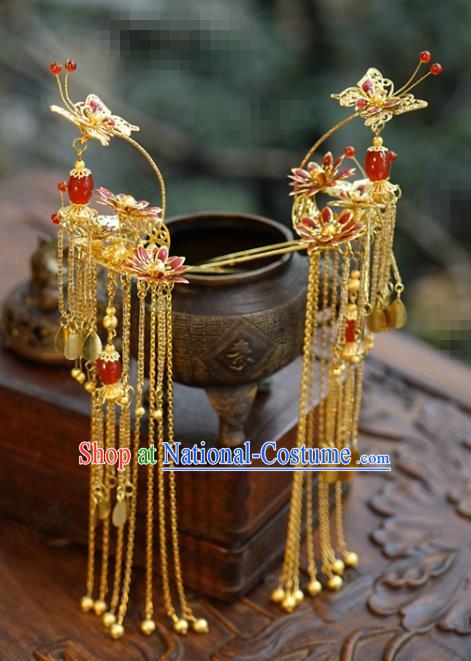 China Ancient Bride Hair Crown and Golden Tassel Hairpins Traditional Xiuhe Suit Headdress Wedding Hair Accessories