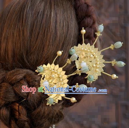 China Ancient Palace Jade Beads Hairpins Traditional Xiuhe Suit Hair Jewelry Accessories Pearls Golden Lotus Hair Stick