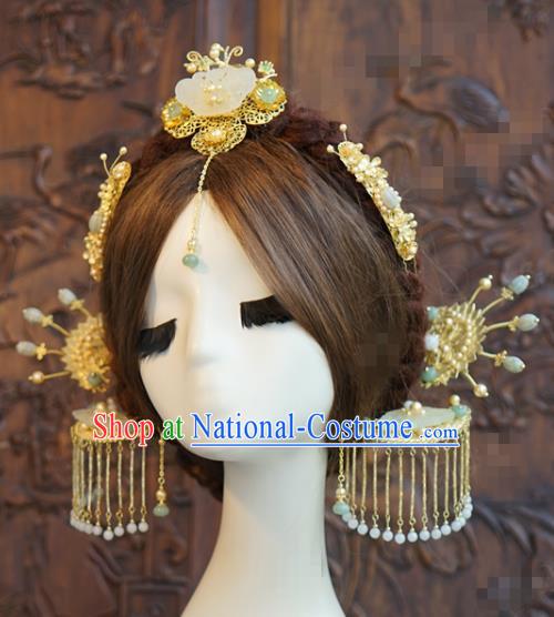 China Ancient Bride Jade Butterfly Hair Crown and Tassel Hairpins Traditional Xiuhe Suit Headdress Wedding Hair Accessories Full Set