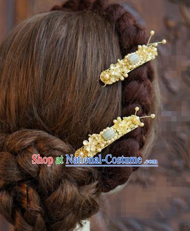 China Ancient Palace Pearls Jade Hairpins Traditional Xiuhe Suit Hair Jewelry Accessories Golden Hair Sticks