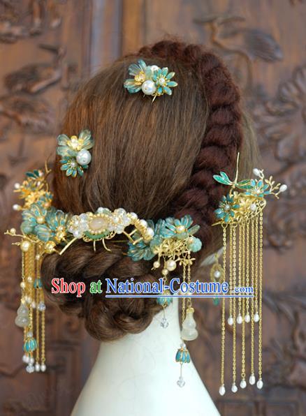 China Ancient Bride Hair Accessories Traditional Wedding Xiuhe Suit Flowers Hairpins Tassel Hair Sticks Complete Set