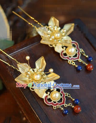 China Ancient Court Flower Hair Stick Traditional Xiuhe Suit Hair Jewelry Accessories Palace Cloisonne Tassel Hairpin