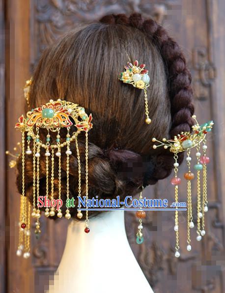 China Ancient Bride Cloisonne Lotus Tassel Hair Crown and Hairpins Traditional Hair Accessories Wedding Xiuhe Suit Headpieces