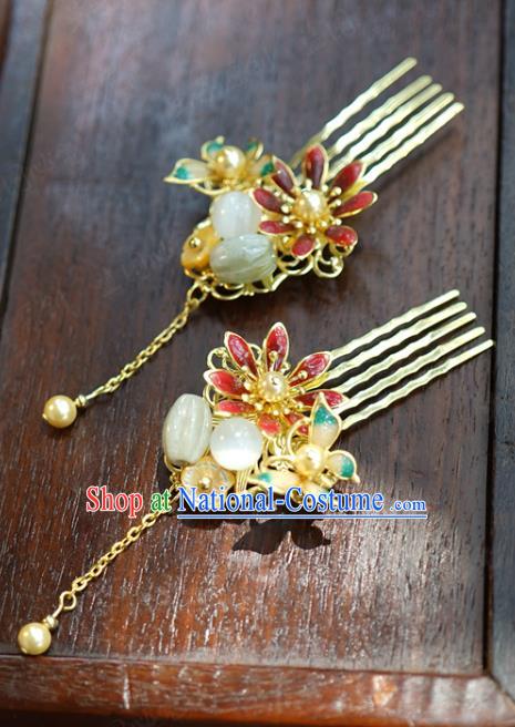 China Ancient Golden Hair Combs Traditional Xiuhe Suit Hair Jewelry Accessories Court Jade Bead Hairpins