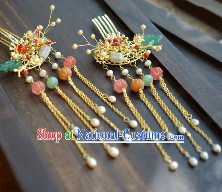 China Ancient Jade Pumpkin Tassel Hair Combs Traditional Xiuhe Suit Hair Jewelry Accessories Court Gems Hairpins