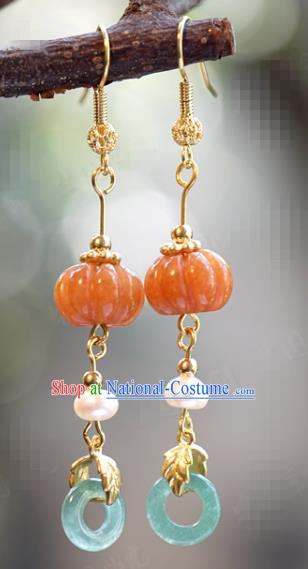 Top Grade China Jade Pumpkin Ear Jewelry Traditional Hanfu Accessories Ancient Qing Dynasty Court Earrings